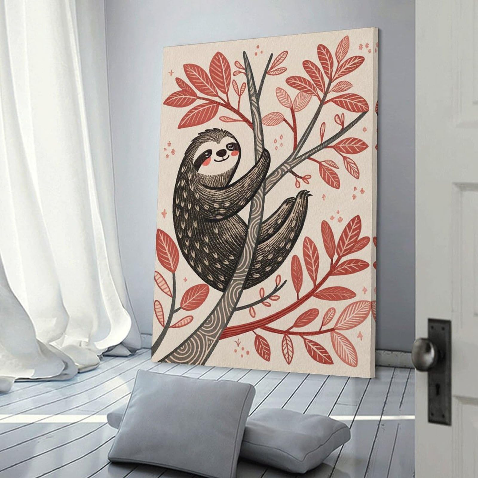Junmoney Cute Sloth Hanging on A Tree Branch Decorative Canvas Print, 16x24inch(40x60cm), for Gallery Wall Decor And Room Displays, Wall Decor Suited to Curated Displays