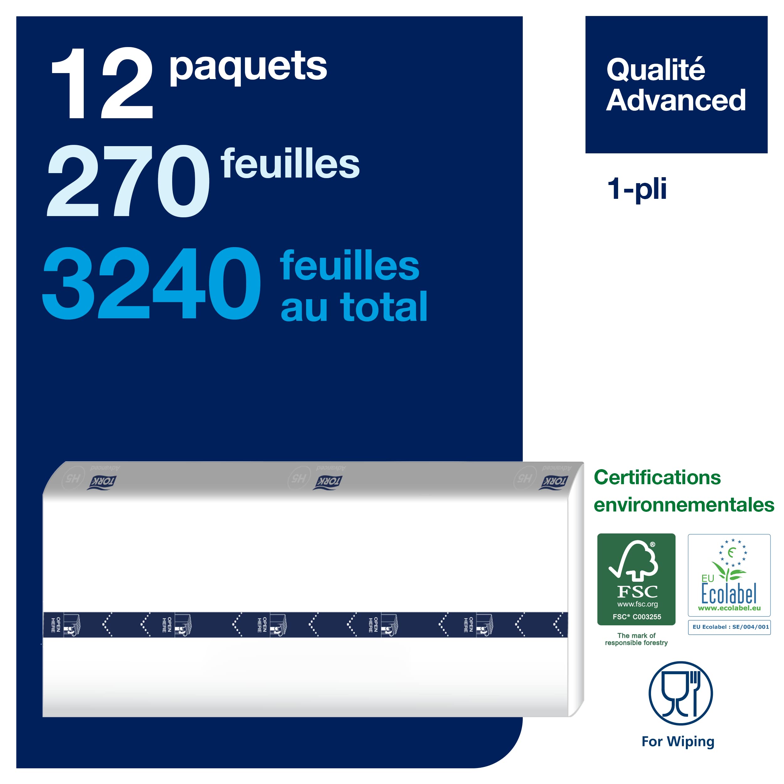 Tork PeakServe® Essuie-mains continus™ blancs H5, qualité advanced, comprimés, 12 x 270 feuilles, 100589