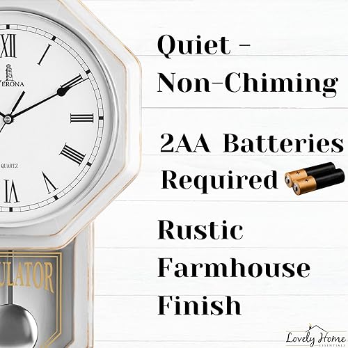 Miniatura 5 de Reloj de pared con péndulo blanco, reloj de pared rústico de madera rústica, funciona con pilas, reloj de péndulo de madera, relojes de pared