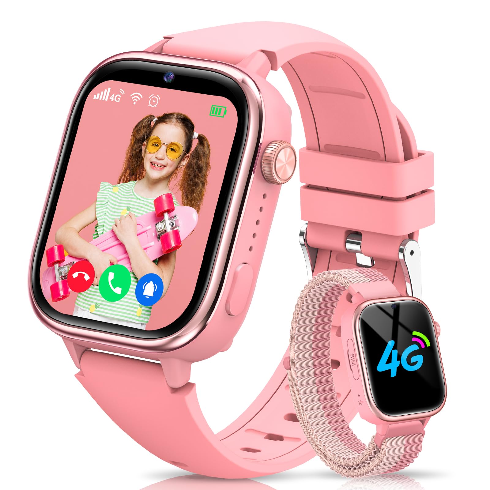 RUXINGX Reloj Inteligente Niño 4G, Smartwatch Niños GPS y Llamadas, SOS/Modo Clase/Chat de Voz/Videollamada, IP68 Impermeable, Álbum de Fotos/Podómetro/Despertador, Reloj Smartwatch para Niños, Rosa