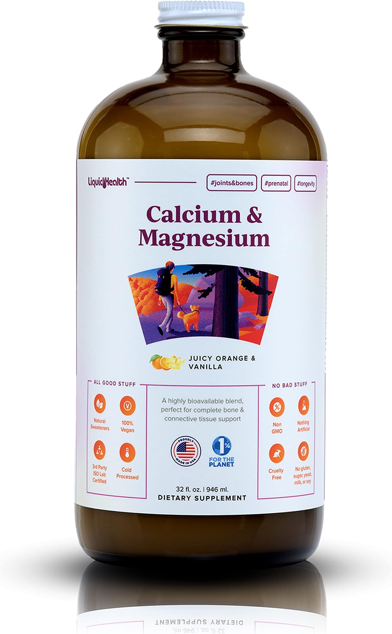 Calcium & Magnesium Adult Liquid Vitamin Supplement - Bone, Joint, Muscle, Connective Tissue Support, Heart Health, Essential Nutrients - Made in the USA, Vegan, Non GMO, No Sugar (32 oz)