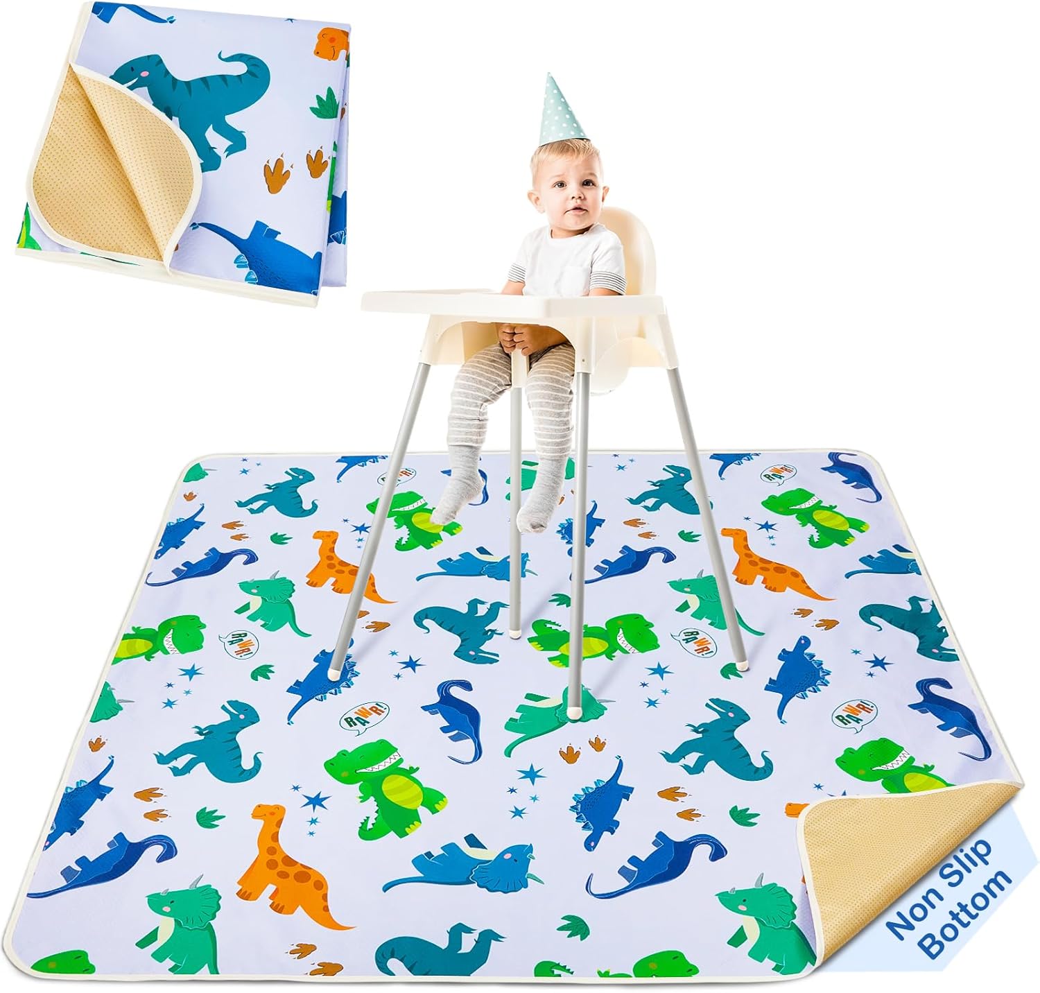 High Chair Splash Floor Mat,Unicorn Castle Waterproof Washable Slip Splash Mat for Under High Chair Food Catcher,Green Dinosaur,107x117cm