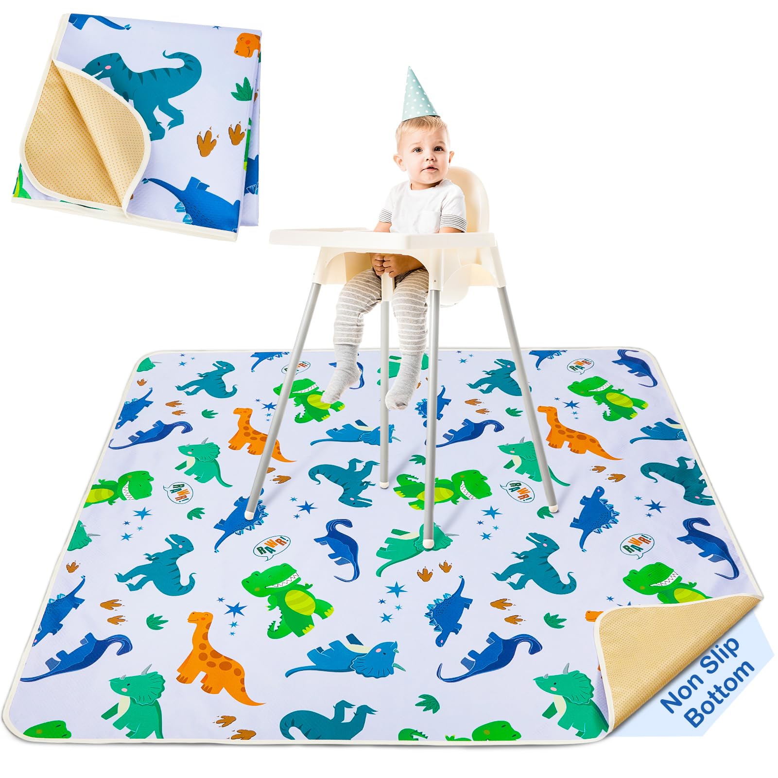 Hochstuhl Bodenmatte Spritzmatte Bodenschutzmatte für Baby,Waschbare Wasserdichter Rutschfester Spritzschutzmatte,Green Dinosaur,107x117cm