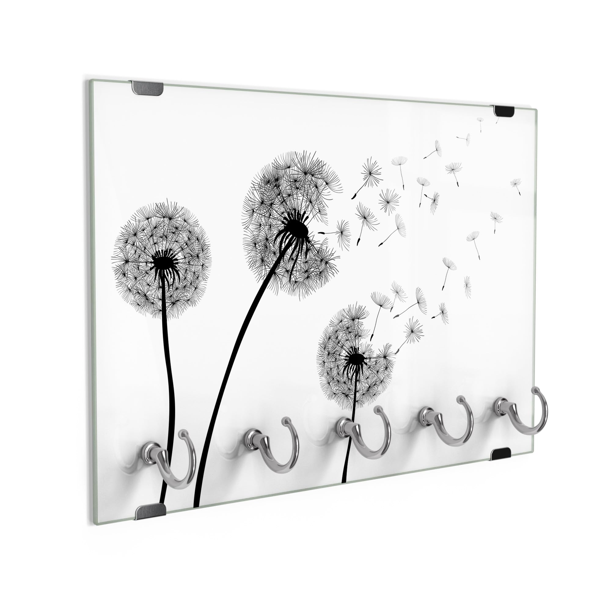 DEQORI Tablica na klucze ze szkła | motyw czarnych dmuchawców | ok. 30 x 20 cm | z 5 haczykami, magnetyczna – nowoczesne przechowywanie kluczy i uchwyt na klucze do korytarza, biura, kluczy i breloków