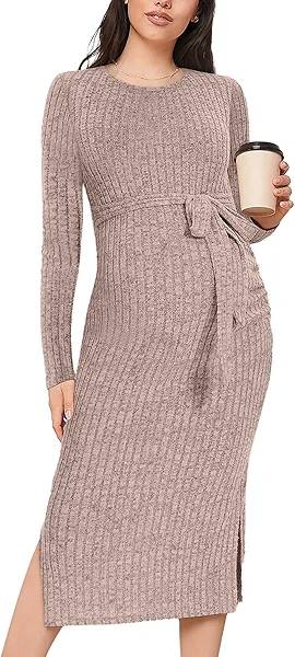 guruixu Crewneck Maternity Sweater Dress Rib Knit Long Sleeve Dresses Slit Pregnancy Sweater Clothes with Belt