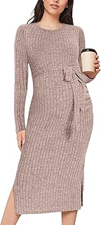 Crewneck Maternity Dress Rib Knit Long Sleeve Photoshoot Baby Shower Dresses Slit Pregnancy Sweater Clothes with Belt - Buy now