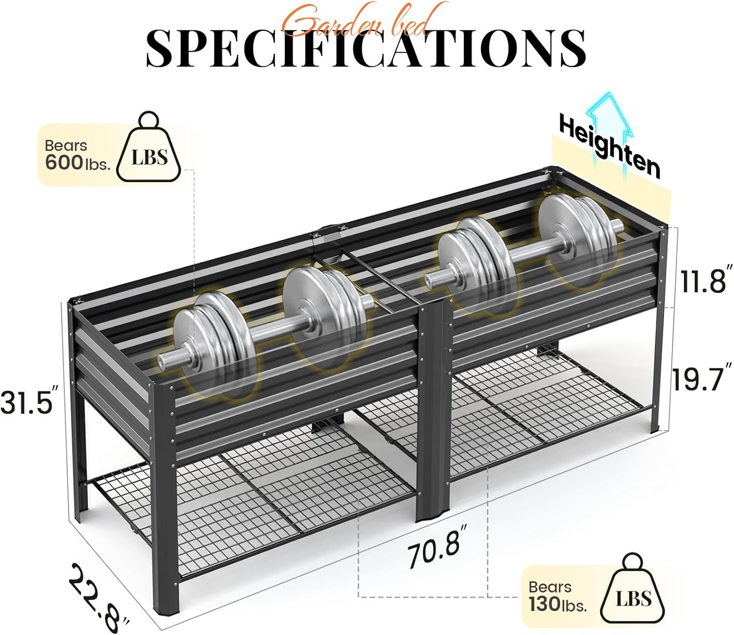 KING BIRD Large Raised Garden Bed with Legs & Storage Shelf Galvanized Elevated Planter Box for Backyard, Patio, Balcony, 600lb Capacity, Dark Grey 70.9x22.8x31.5 in