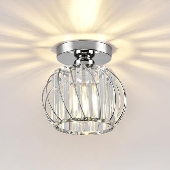 Chandelier Crystals Ceiling Lighting Fixtures, Chrome Modern Mini Ceiling Light, Small Semi Flush Mount Ceiling Light for Kitchen Hallway Dining Rooms Living Rooms Bar