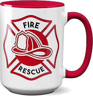 White Red Fire Rescue Mug Fireman Firefighter Gift 15 oz Fire Dept Ceramic Coffee Tea Cup