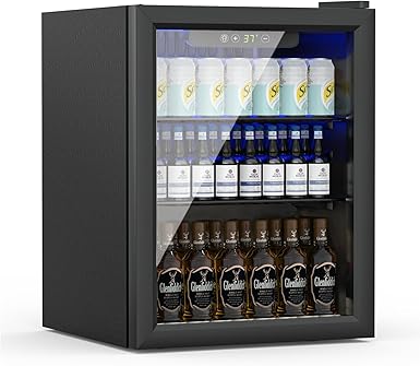 Compact Freestanding Beverage Refrigerator,70 Can/ 1.6 Cubic Feet Mini Fridge with Reversible Glass Front Door for Soda, Beer or Wine, Under Counter Small Refrigerator 2 Adjustable Shelves
