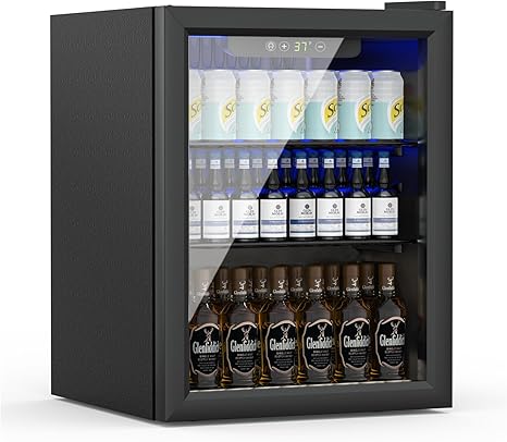 Compact Freestanding Beverage Refrigerator,70 Can/ 1.6 Cubic Feet Mini Fridge with Reversible Glass Front Door for Soda, Beer or Wine, Under Counter Small Refrigerator 2 Adjustable Shelves