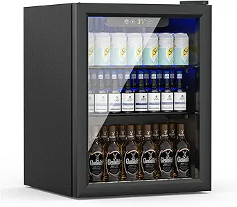 Compact Freestanding Beverage Refrigerator,70 Can/ 1.6 Cubic Feet Mini Fridge with Reversible Glass Front Door for Soda, Beer or Wine, Under Counter Small Refrigerator 2 Adjustable Shelves