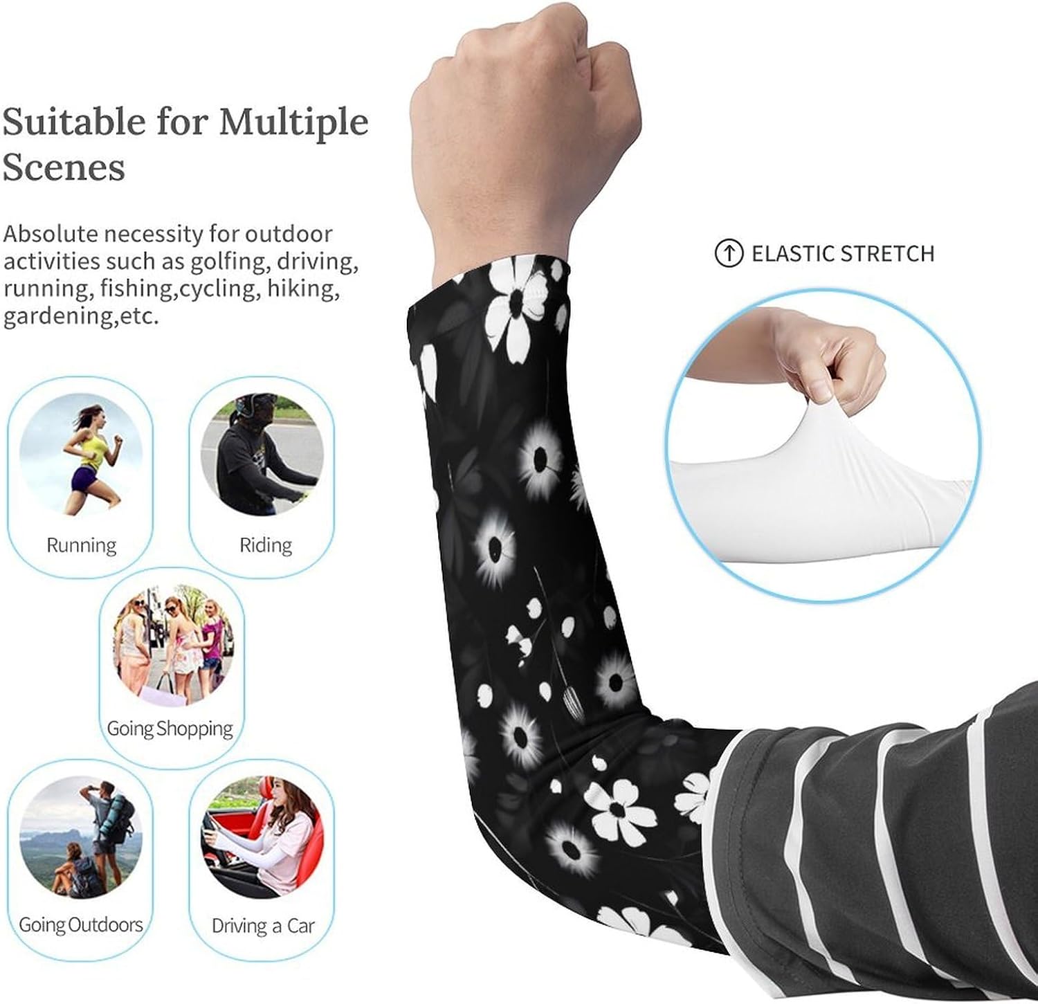 Cooling Arm Sleeves for Men Women Compression Arm Sleeve Black And White Floral Print UV Sun Protection Arm Sleeves