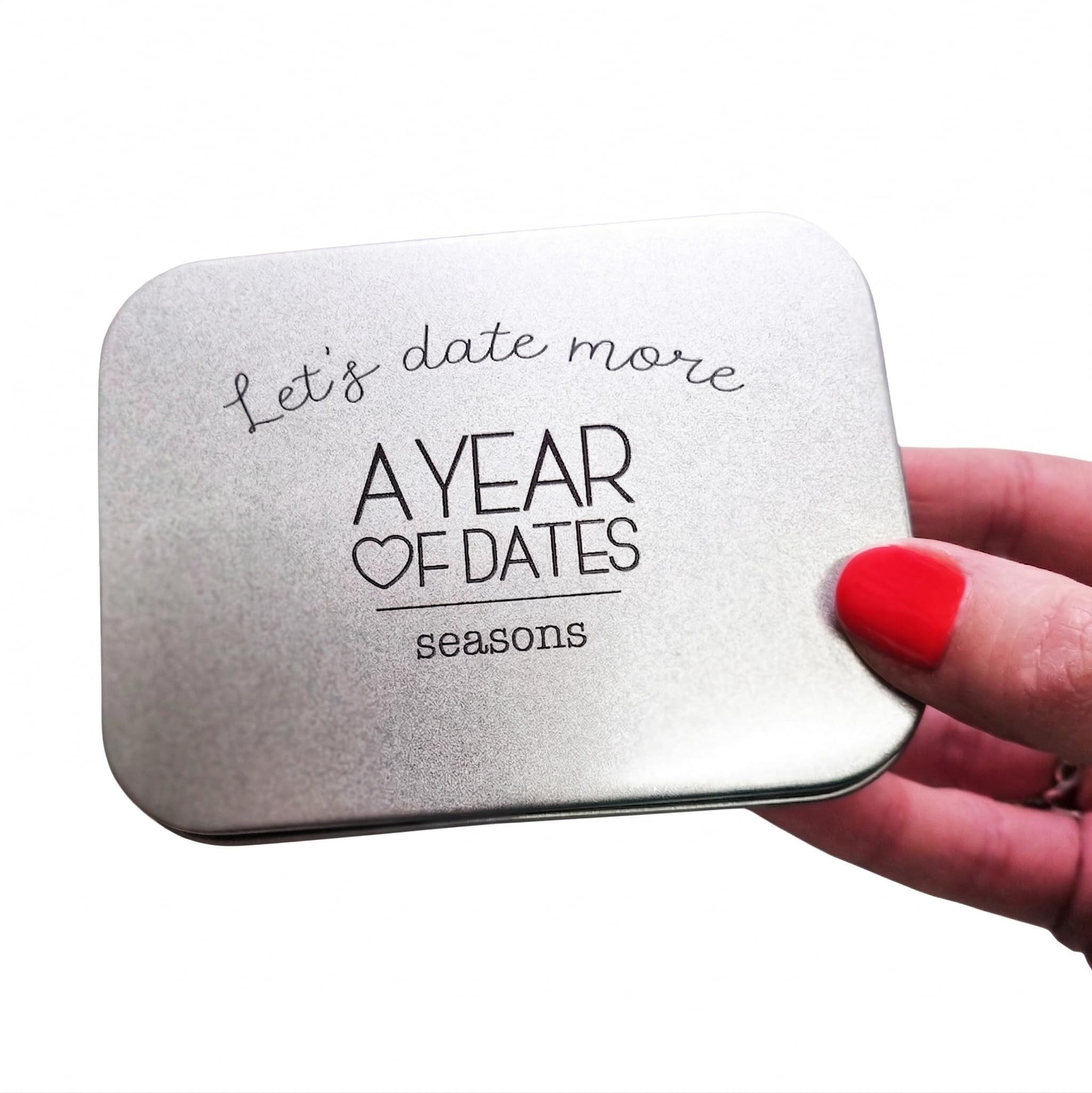 A Year Of Dates Personalised seasonal Date Ideas for Couples in a tin. Thoughtful Personalised Gifts for Couples. Anniversary or Wedding Day present