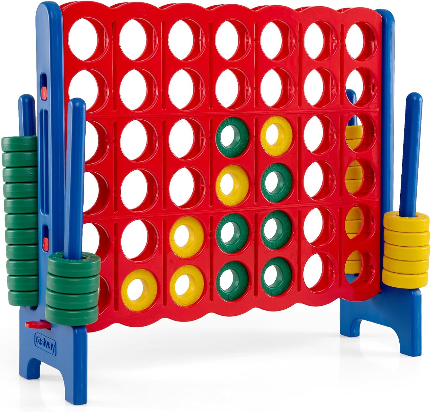 COSTWAY Giant 4-in-a-Row Game Set, Jumbo 4-to-Score for Kids and Adults with 42 Jumbo Rings & Quick-Release Slider, Indoor Outdoor Yard Party Game for Lawn, Holiday Party & Family (Red & Blue)