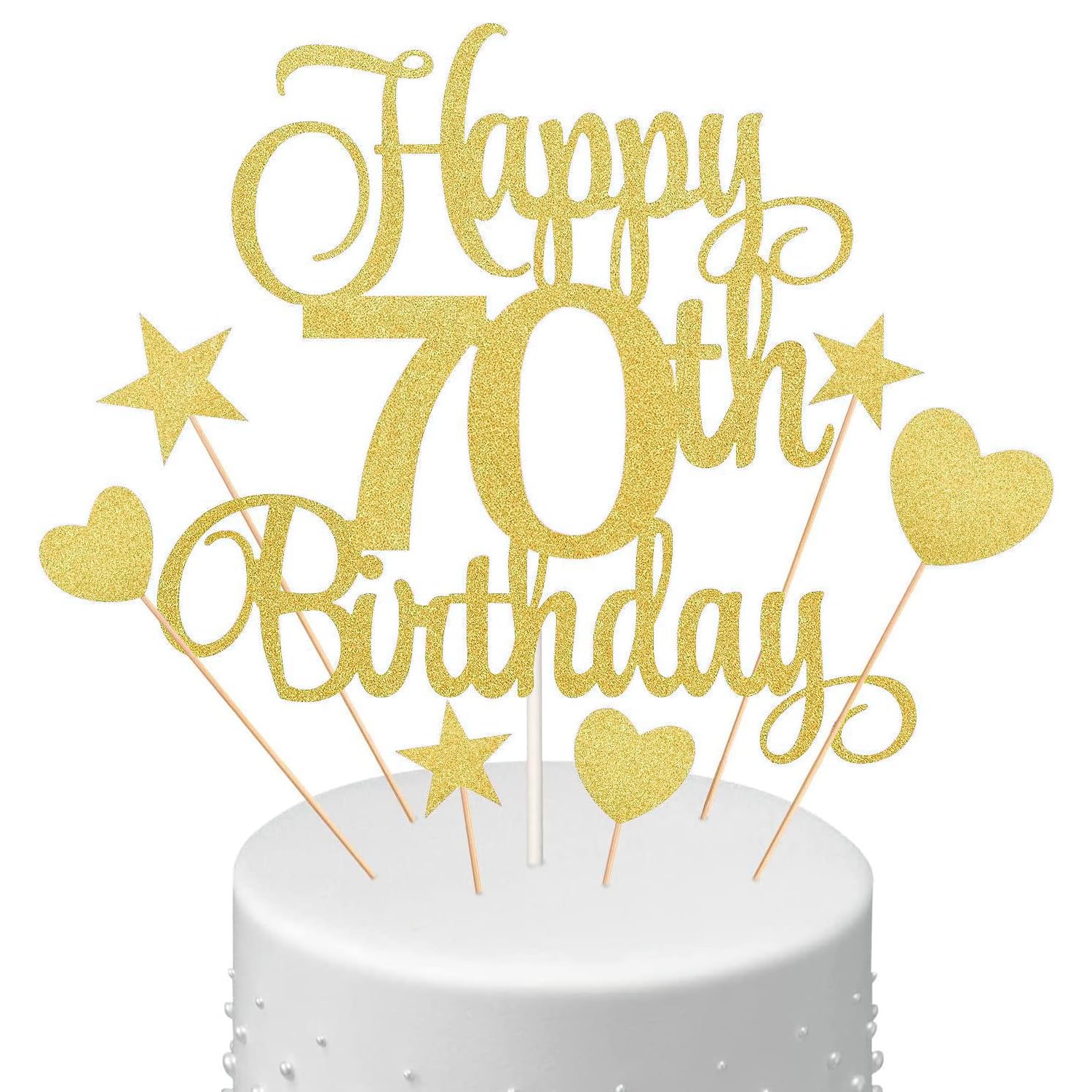 Pack of 7 Happy 70th Birthday Cake Topper with Heart Star Cupcake Picks, Gold Glitter Cake Toppers Birthday Personalised Decoration Sign