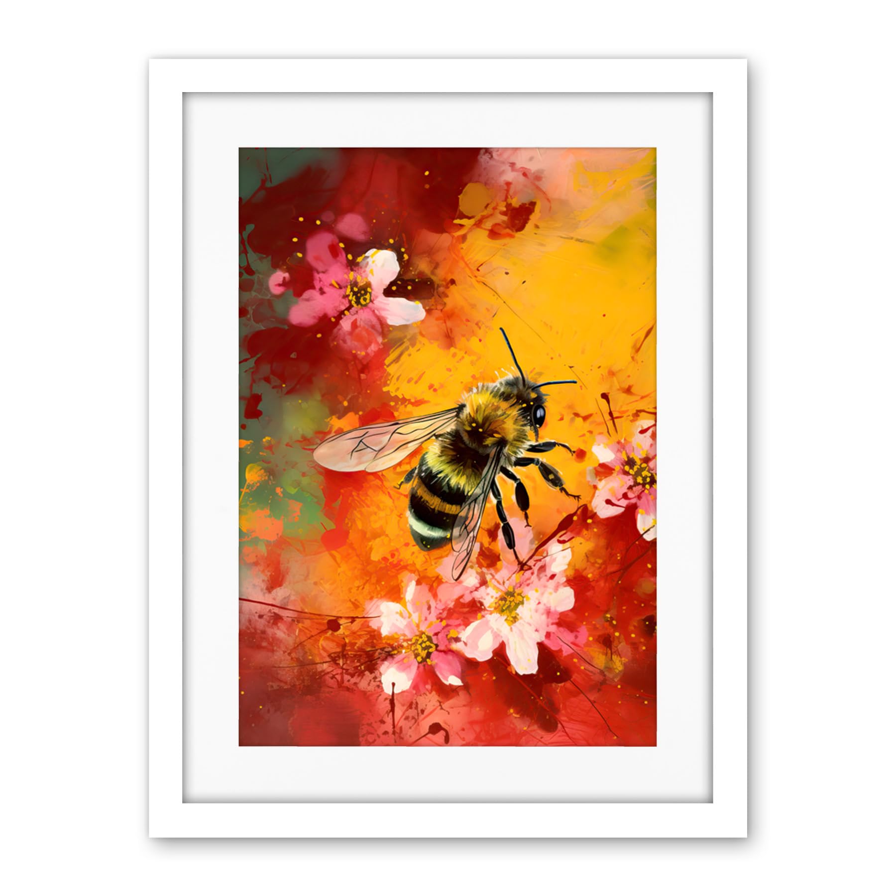 Artery8 Honey Bee on Abstract Flower Bed Oil Painting Artwork Framed Wall Art Print 18X24 Inch
