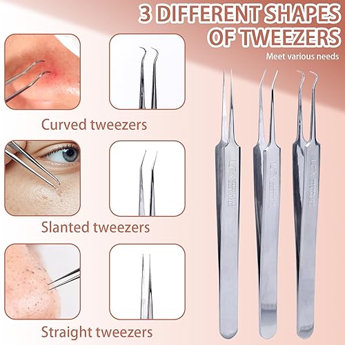 Miniatura 4 de Kit de herramientas para reventar espinillas, herramienta removedor de espinillas, herramienta de acero inoxidable, extractor de comedones, pinzas