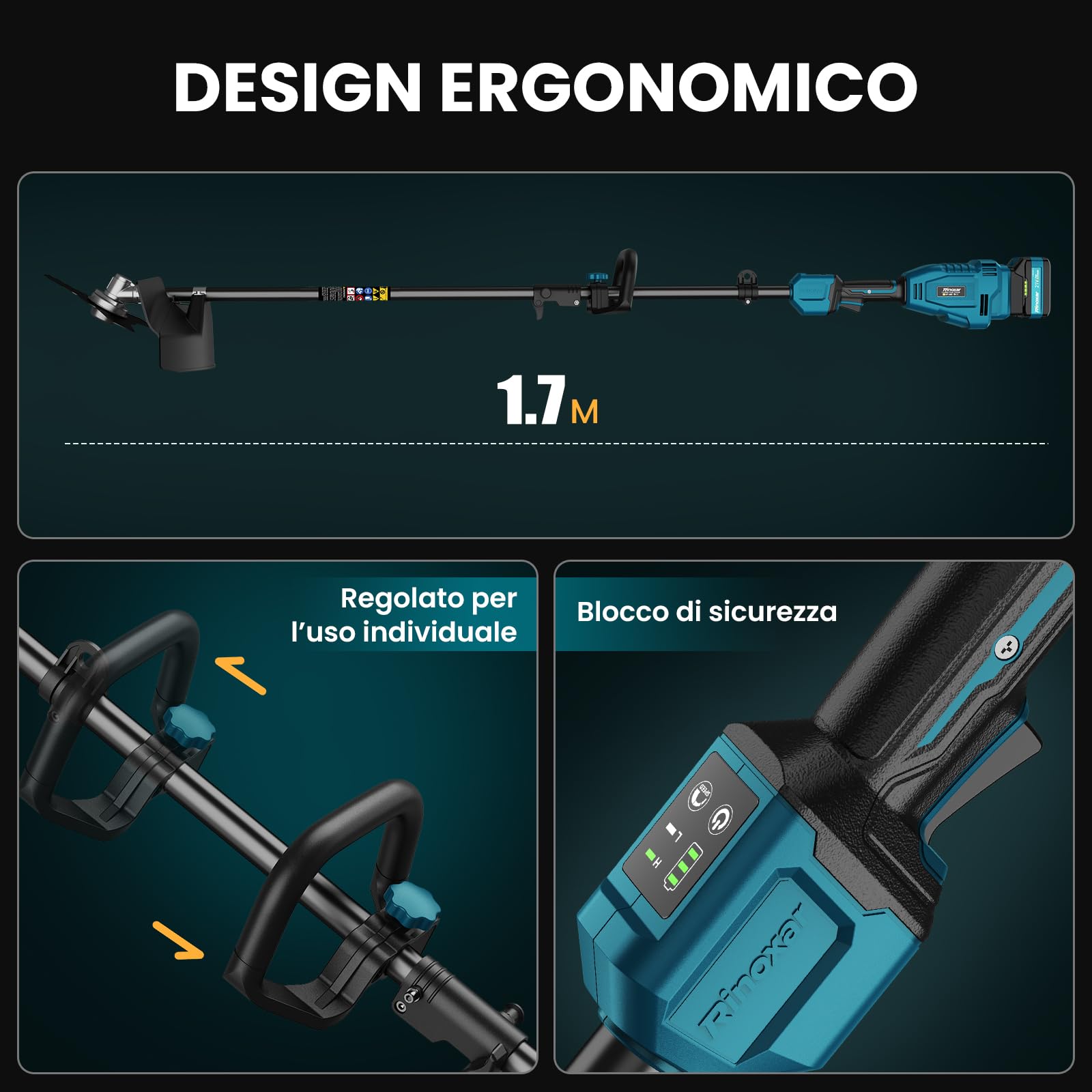 Decespugliatore a Batteria Brushless 26 cm 2x5200mAh 8000/12000 Giri/min Asta Regolabile 3 Lame