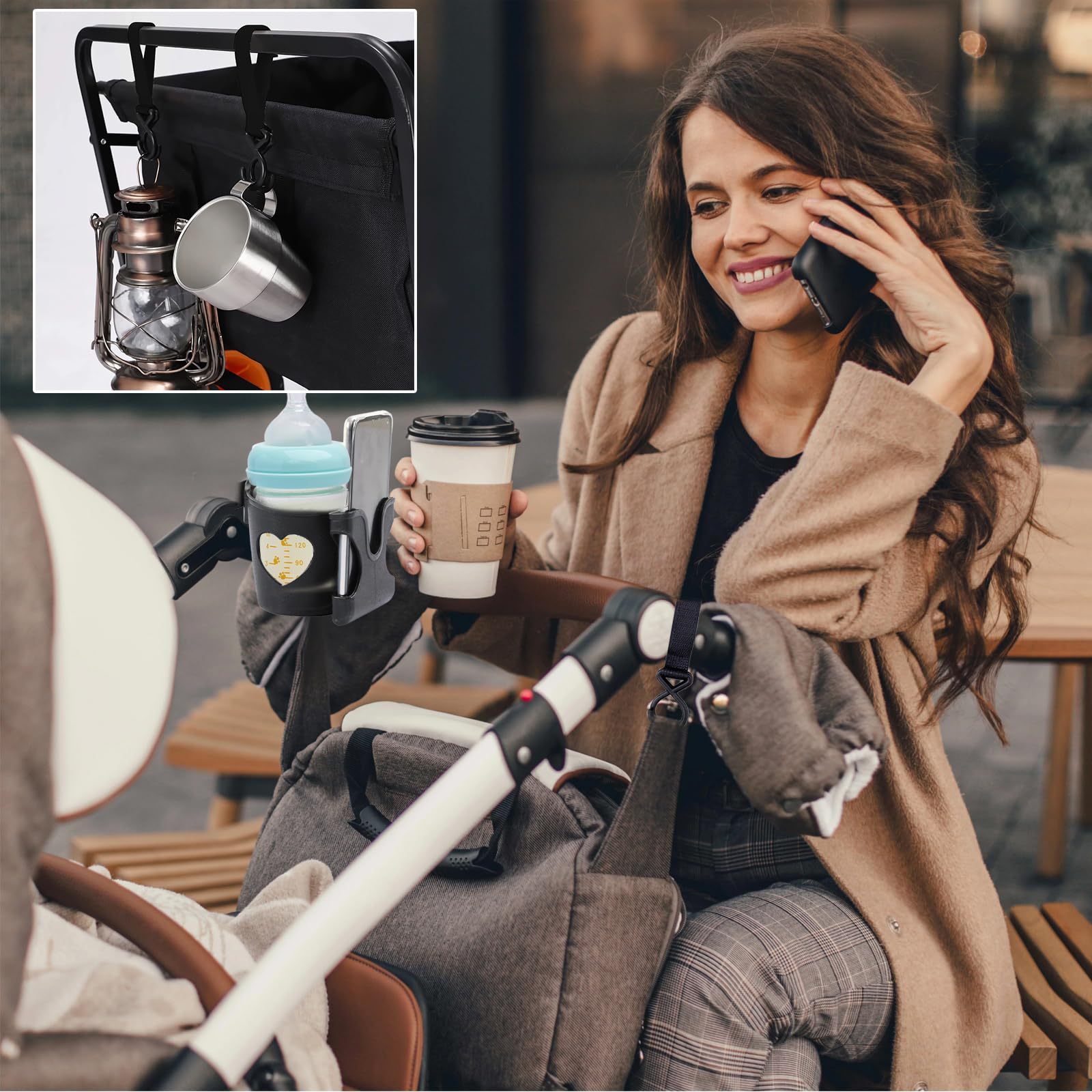 Set de portavasos universal, con portavasos en forma de corazón y 2 correas con ganchos, caja de almacenamiento para teléfono, desmontable y portátil, para botellas de agua, bicicletas(negro)