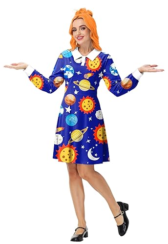 Remimi Women Halloween Ms Frizzle Costume Peter Pan Collar Long Sleeve Cosplay Dress