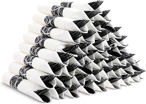Zhehao Juego de 75 cubiertos de plástico preenrollados negros, utensilios de plástico para bodas, cenas, fiestas de cumpleaños, cubiertos negros
