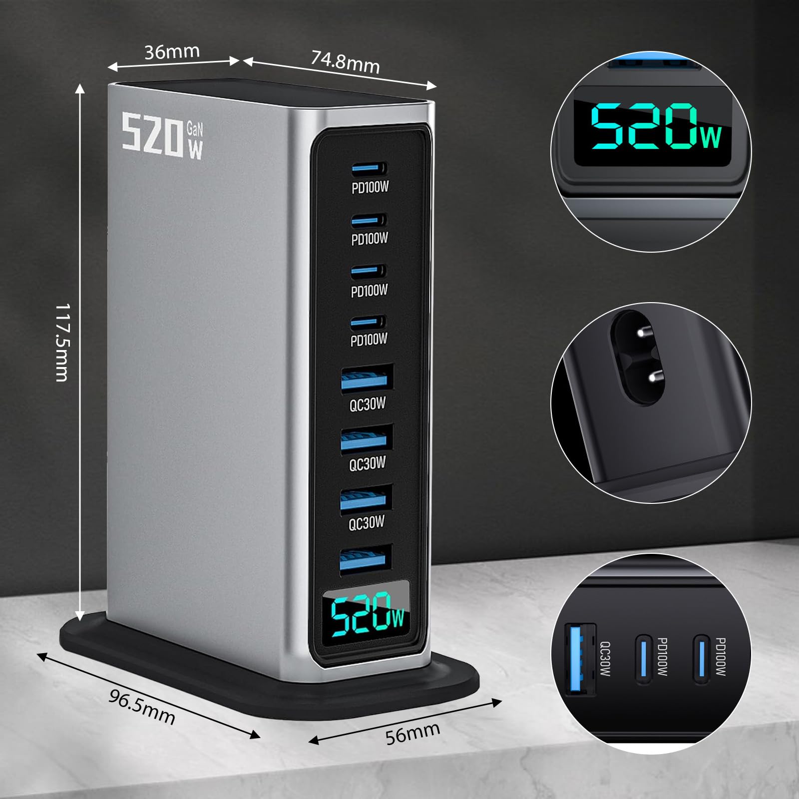 Szybka ładowarka USB, 520 W, USB C, z wyświetlaczem cyfrowym, 8 portów USB, stacja ładująca z GAN III i PD 3.0, stacja szybkiego ładowania z 4 USB C i 4 USB A do telefonu, tabletów, laptopów (520 W)