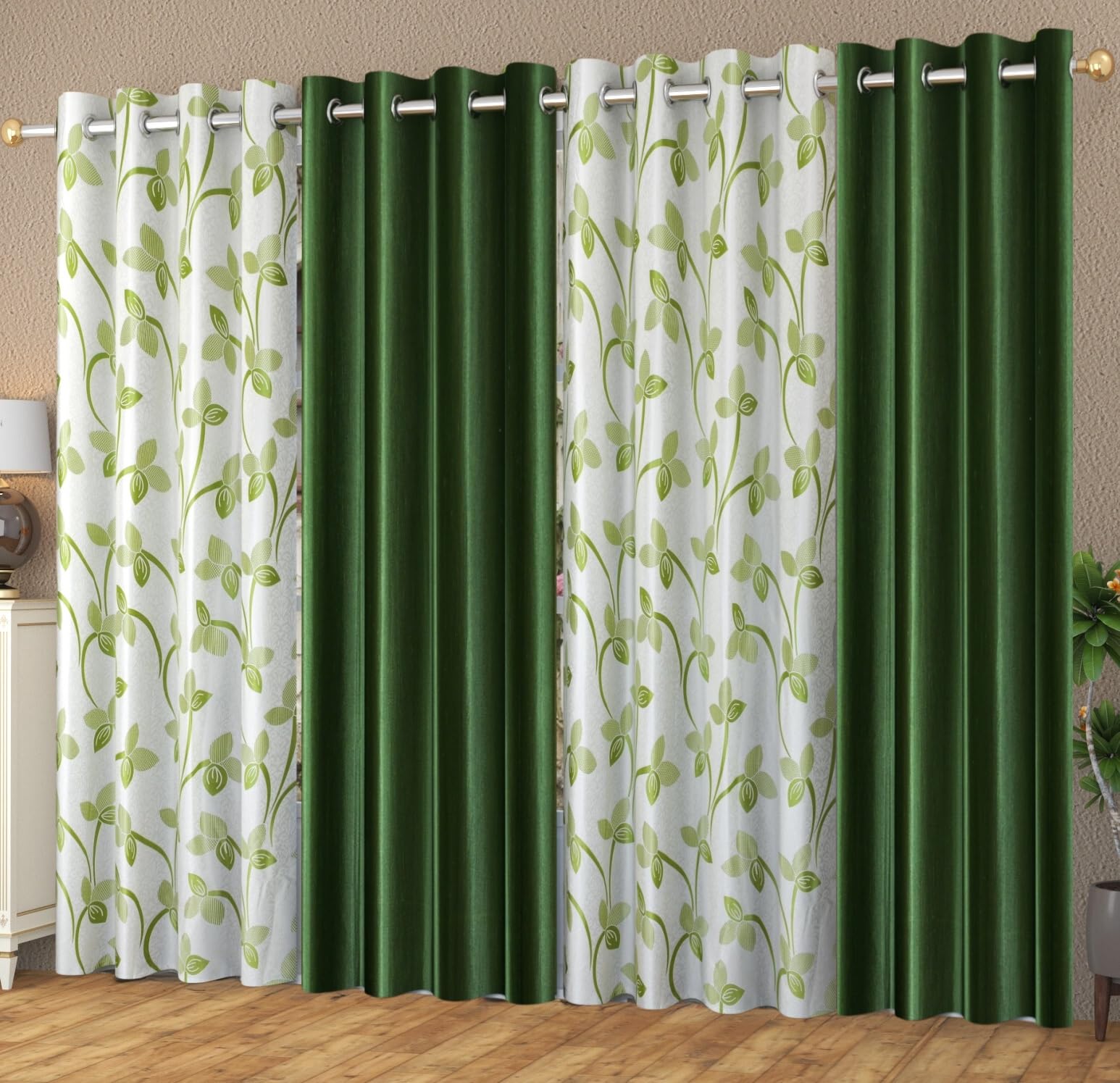 YUKANY Polyester Light-Filtering Floral Printed Window Eyelets Curtains for Living Room, Bedroom | Set of 4 | 4 x 5 Feet | Dark Green | Washable (B0D49XSMMV) Amazon Price History, Amazon Price Tracker