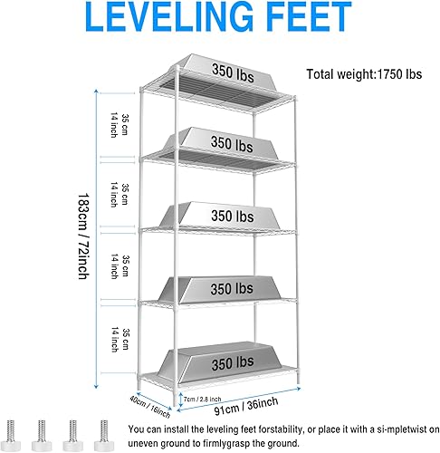 Miniatura 3 de pouseayar Estantes de cocina, estantería de metal de 5 niveles, 1750 libras NSF resistentes y ajustables y almacenamiento para cocina, garaje,