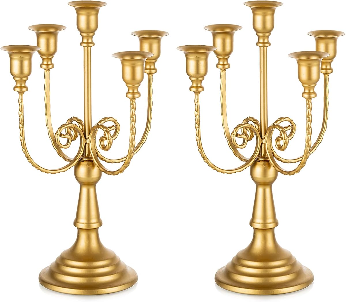 Romadedi Gold 5 Arm 11.8" Candelabra Candle Holders, Set of 2 | Wedding Candlestick Holder, Theme Party Table Centerpiece Decor, Dining Room, Birthday Holiday Christmas