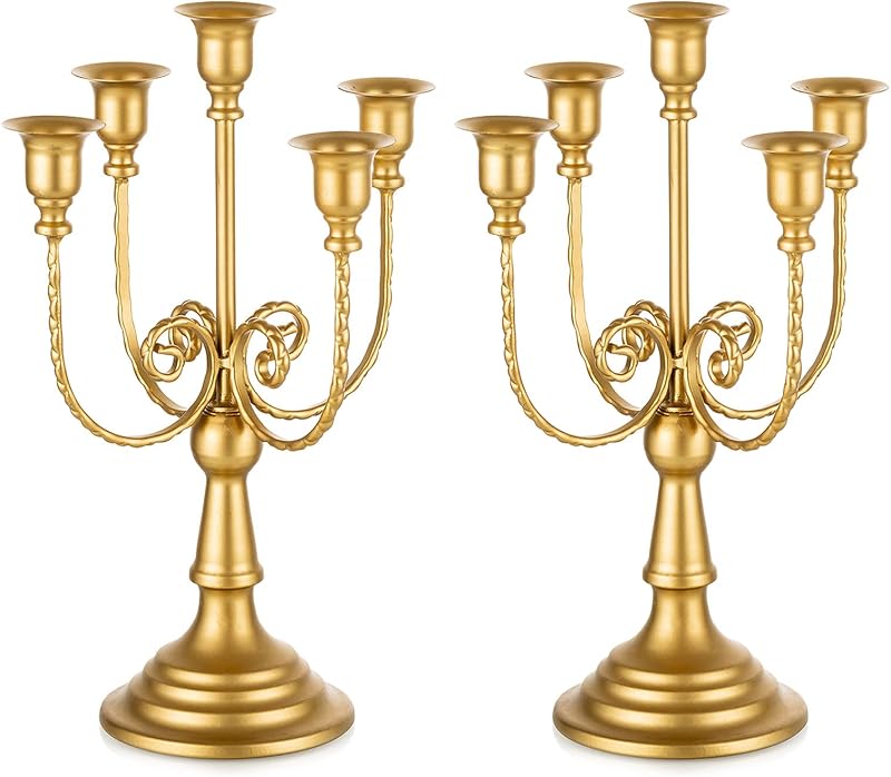 Romadedi Gold 5 Arm 11.8" Candelabra Candle Holders, Set of 2 | Wedding Candlestick Holder, Theme Party Table Centerpiece Decor, Dining Room, Birthday Holiday Christmas