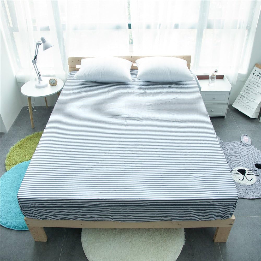 VM VOUGEMARKET100% Cotton Fitted Sheet with 15" Deep Pocket (Without Pillowcases),Striped Pattern Fitted Bottom Sheet,Ultra Soft& Breathable-Queen,Stripe