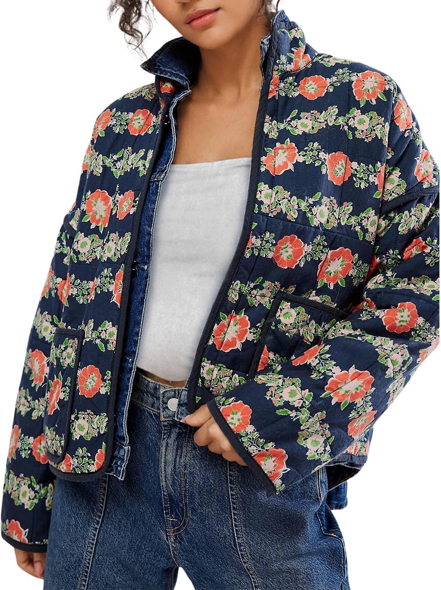Omoone Women's Cropped Quilted Jacket Floral Printed LightWeight Padded Puffer Cardigan Coat Outwear