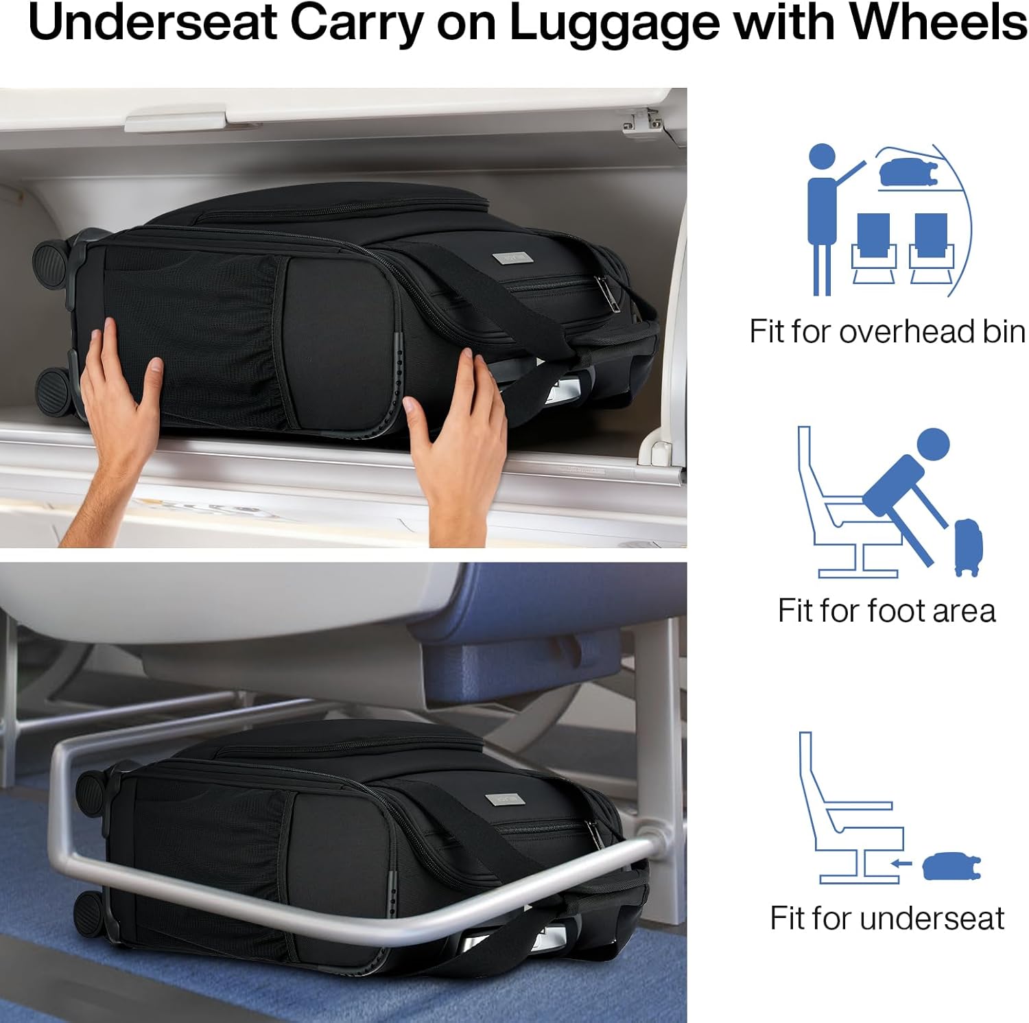 MILADA Underseat Carry On Luggage with Wheels, Airline Approved 16-inch Spinner Small Suitcase, Softside Travel Luggage, Personal Item Overnight Bag, Business Mini Suitcase for Women and Men, Black