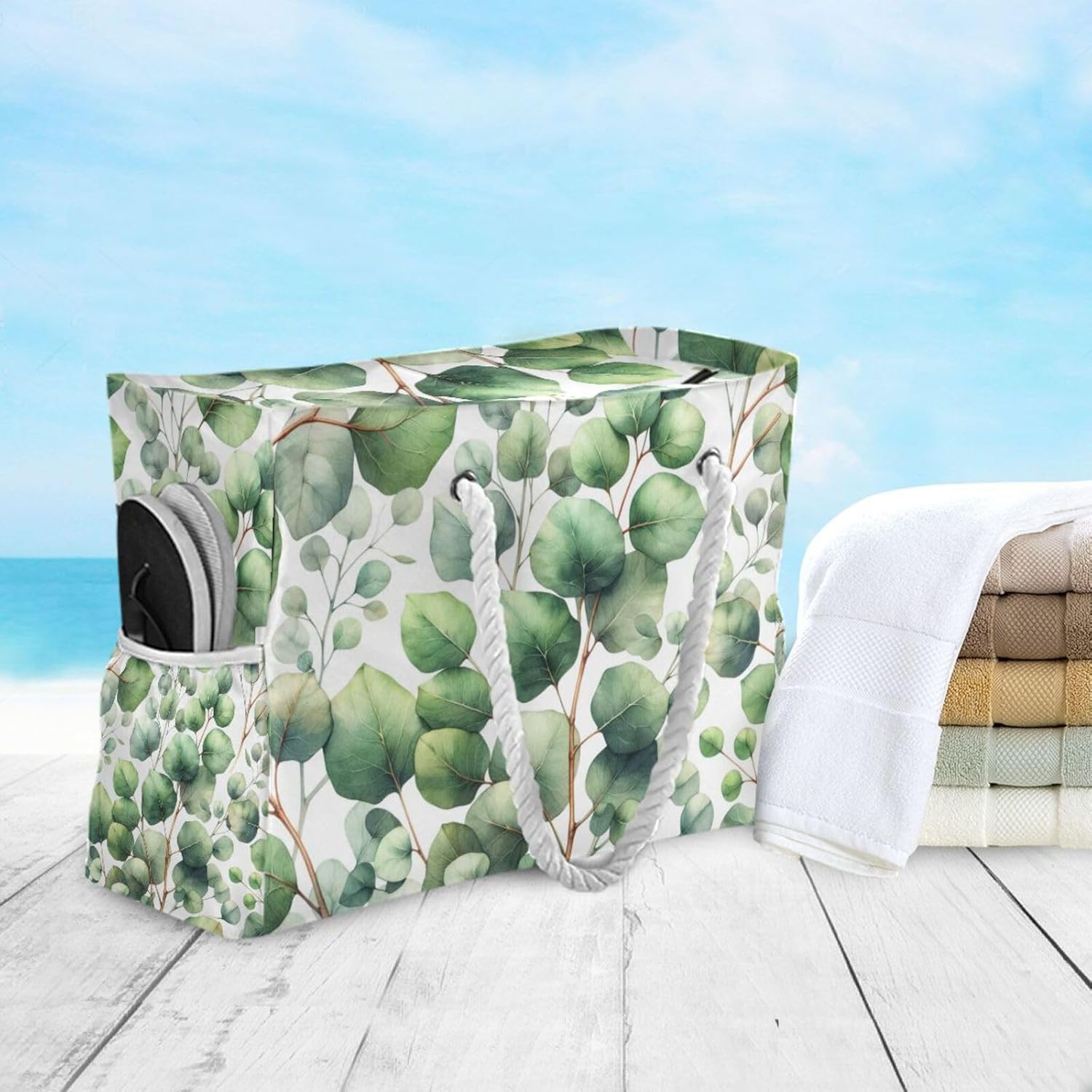 OTVEE Green Eucalyptus Pattern Beach Bags for Women Ladies Large Canvas Tote Shoulder Bag Waterproof Travel Bags for Gym Swim Pool Camping