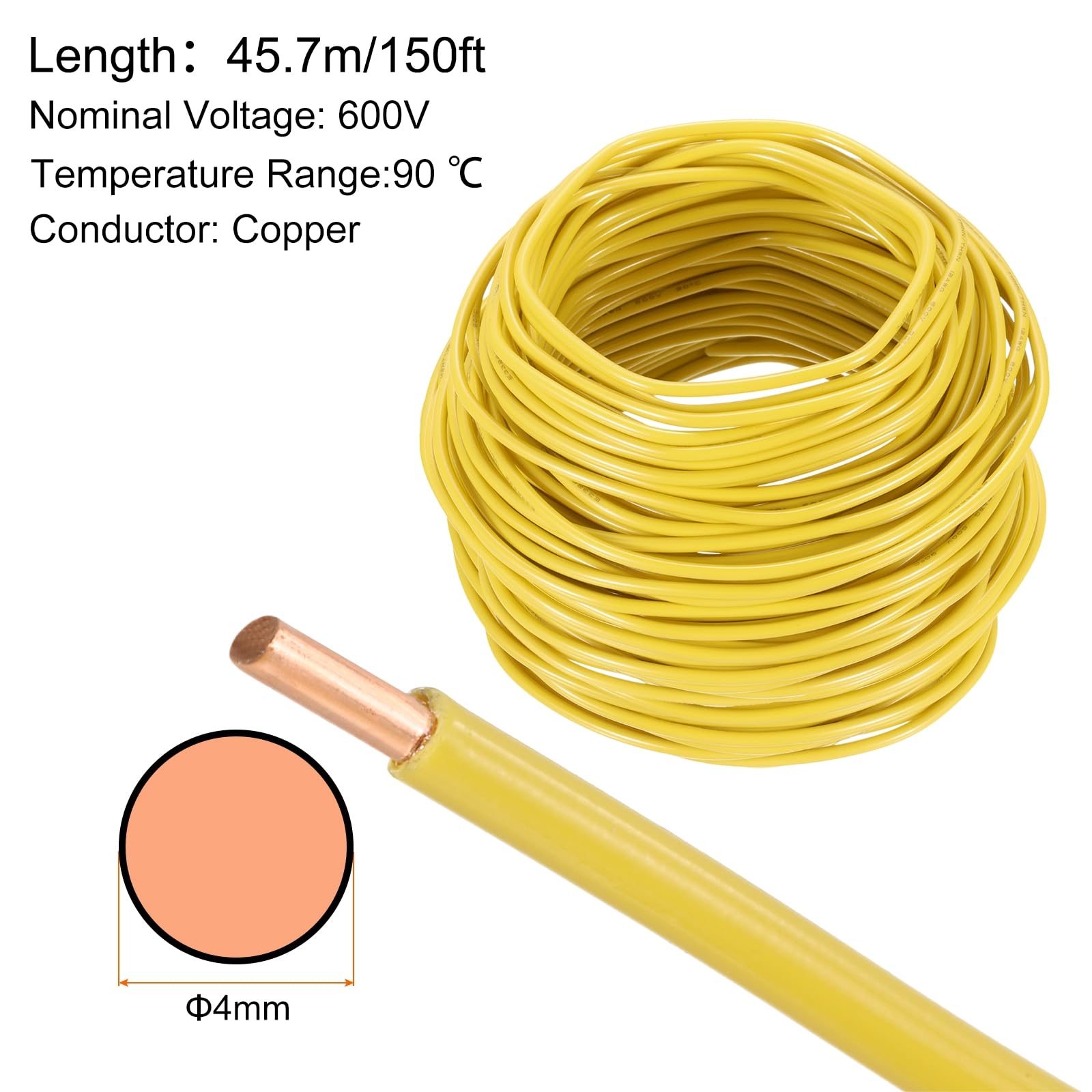 QUARKZMAN 150 Fuß Elektrischer Draht Isoliert Massivkupfer 12AWG Anschlusskabel THHN Draht Wohnbereich Industrie Erdung Elektrisch Bewertet Für 600 Volt UL Gelistet Gelb