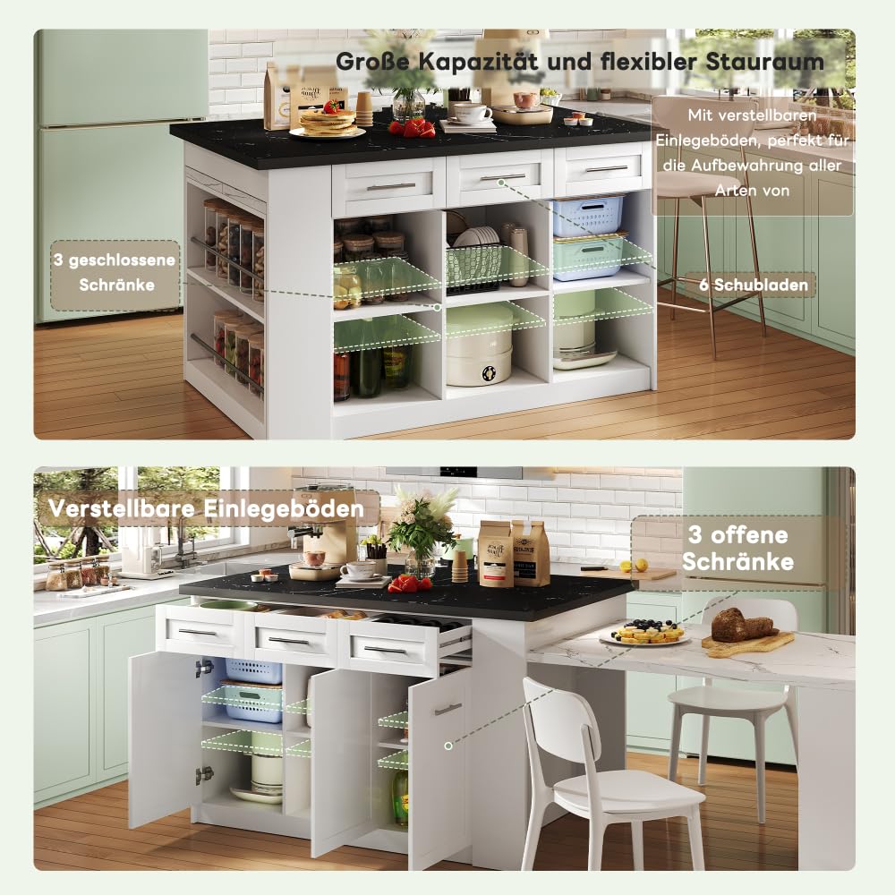Seyakany Îlot de Cuisine Multifonctionnel avec Table à Manger Extensible Blanche de 150 cm + 96 cm, Plan de Travail/Table en Bois marbré Noir/Blanc, armoires de Rangement intégrées