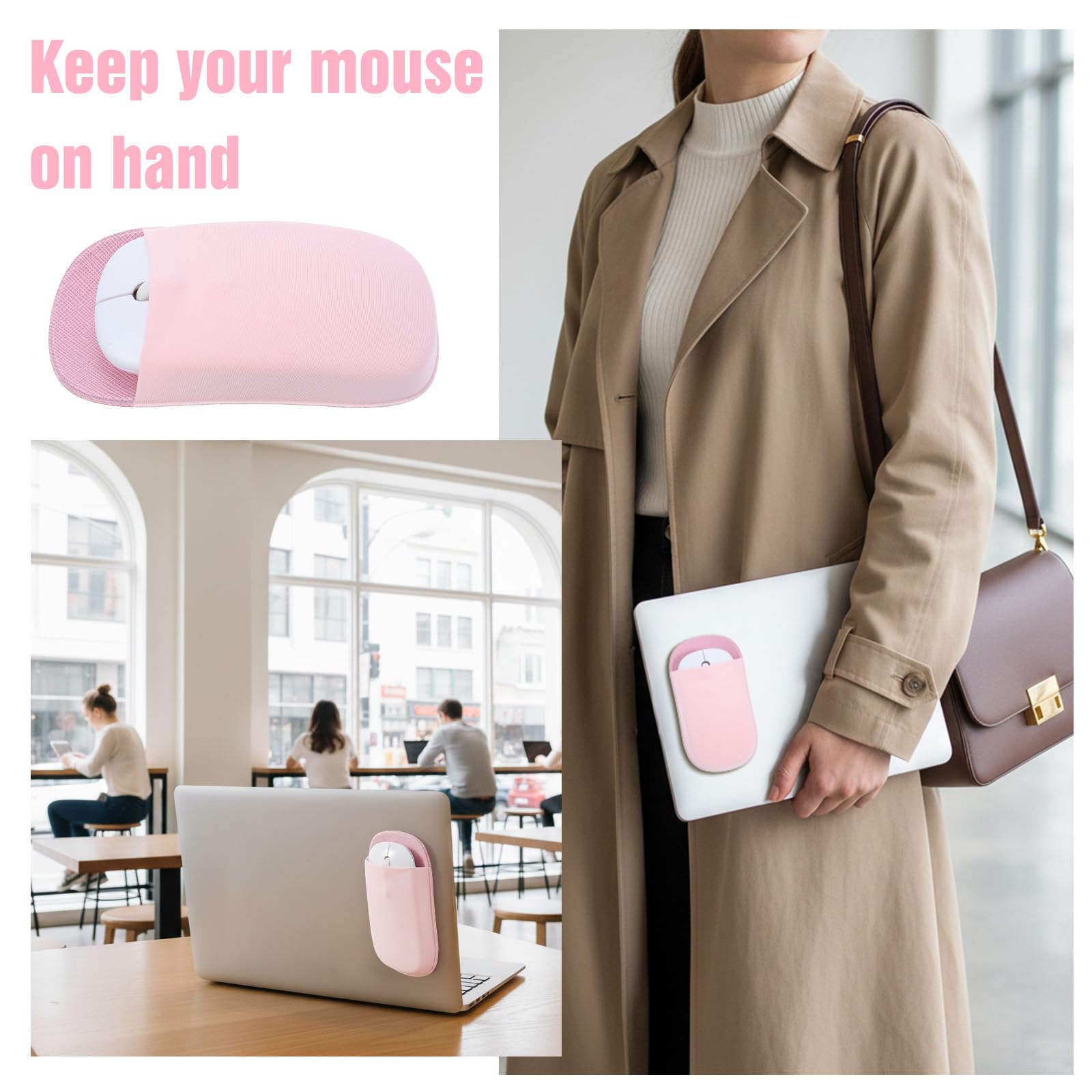 Support de souris fin pour ordinateur portable, pochette universelle pour souris sans fil pour ordinateur portable, rose adhésif, sans résidus de colle