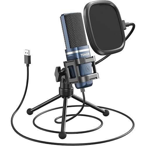 TONOR TC-777 Podcast Microphone, USB Computer Microphone, Cardioid Condenser PC Mic with Tripod Stand and Pop Filter for Podcasting, Streaming, Vocal Recording, Compatible with PC & Laptop, PS4/5