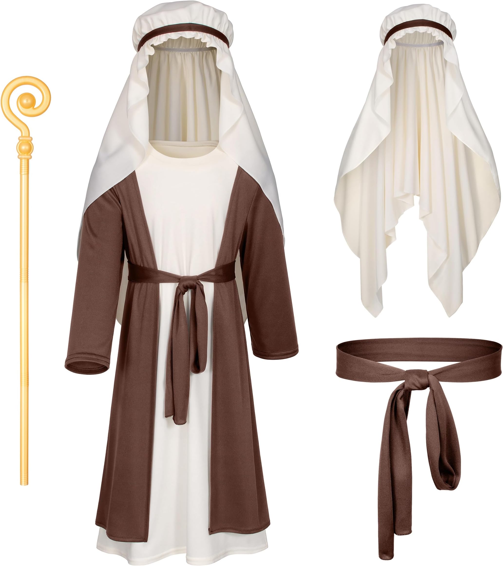 Irtysh Kids Biblical Saint Joseph Costume Jesus Robe Fancy Dress Sherherd Costume Staffs Headwrap Hat Waist Rope Set