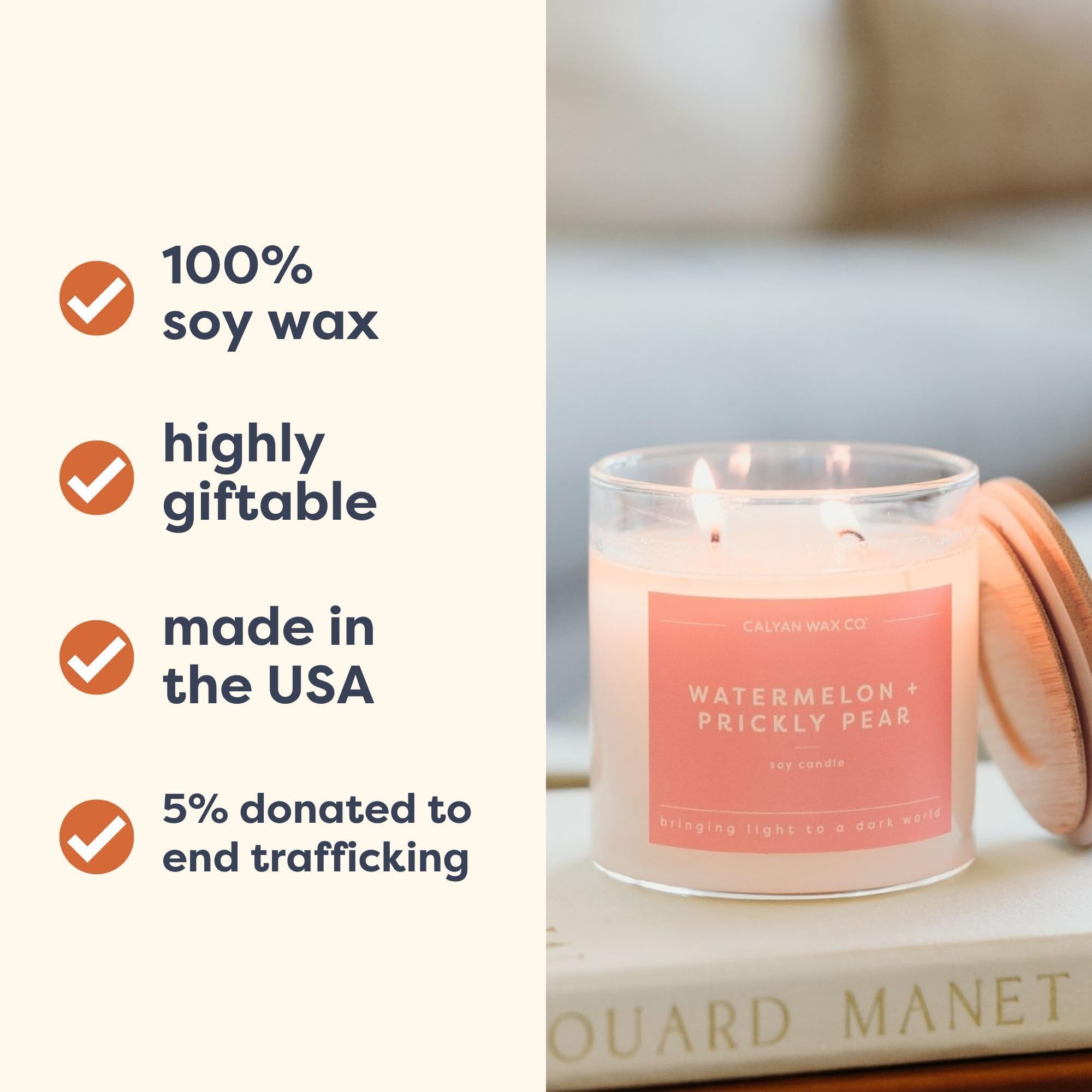 Calyan Wax Co. Vela perfumada de 2 mechas de sandía y pera espinosa – 37 horas de combustión – Velas de cera de soja no tóxicas de lujo – Vela en tarro de vidrio grande de larga duración para el hogar