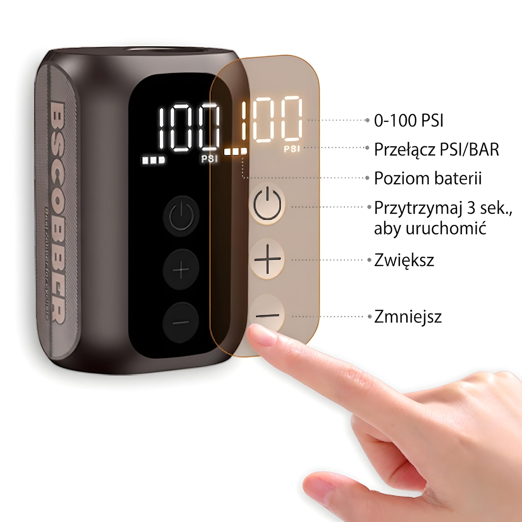 Mini elektryczna pompka rowerowa 100 PSI, manometr cyfrowy, USB-C