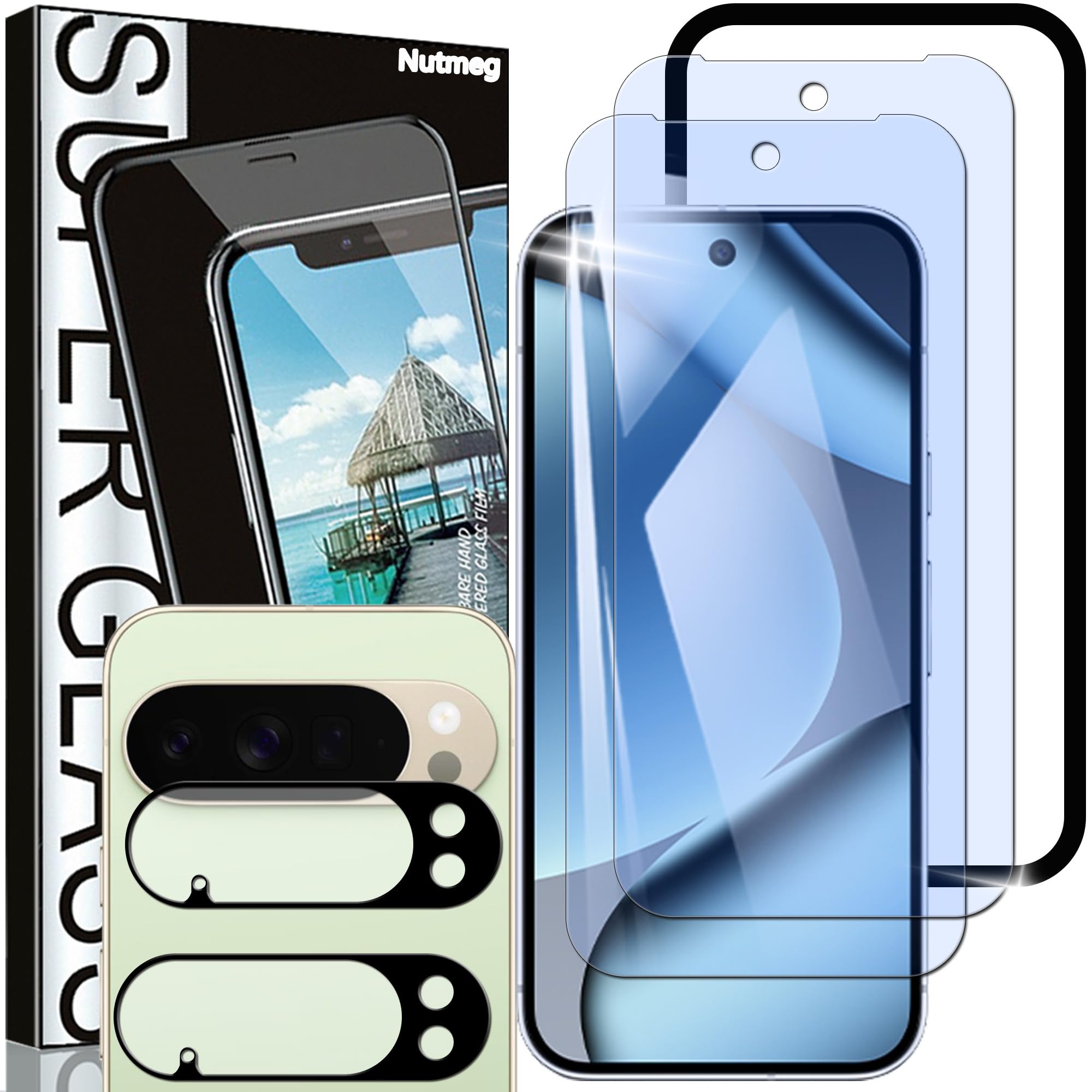 Nutmeg 対応【2枚＋2枚+ガイド枠付き】Google Pixel 10 Pro XL 用の ガラスフィルム ブルーライトカット+Pixel 10 Pro XL 用の カメラフィルム【眼精疲労軽減 効果的に近視を予防でき】グーグルピクセル10 プロ xl 用の 保護フィルム 強化ガラス フィルム 日本旭硝子素材製 衝撃吸収 指紋防止 硬度9H 飛散防止 撥水撥油 干渉しない 貼り付け簡単