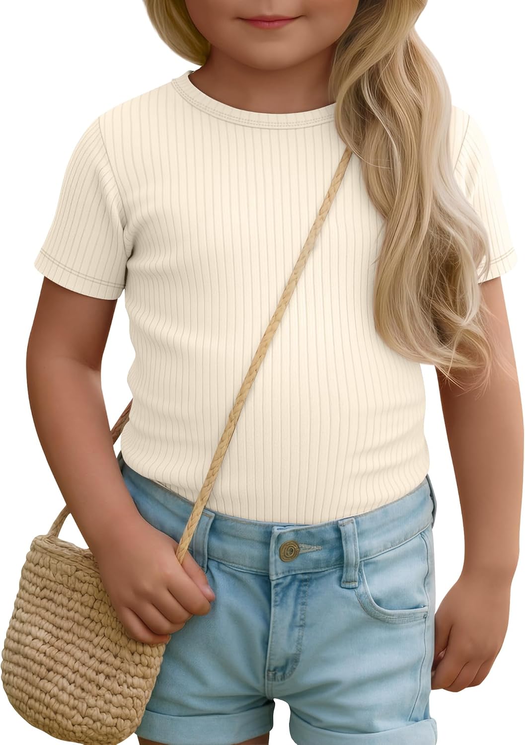 Toddler Girls' Ribbed T Shirts Short Sleeve Cotton Tops Baby Crew Neck Casual Basic Shirts Kids Summer Slim Fit Tee