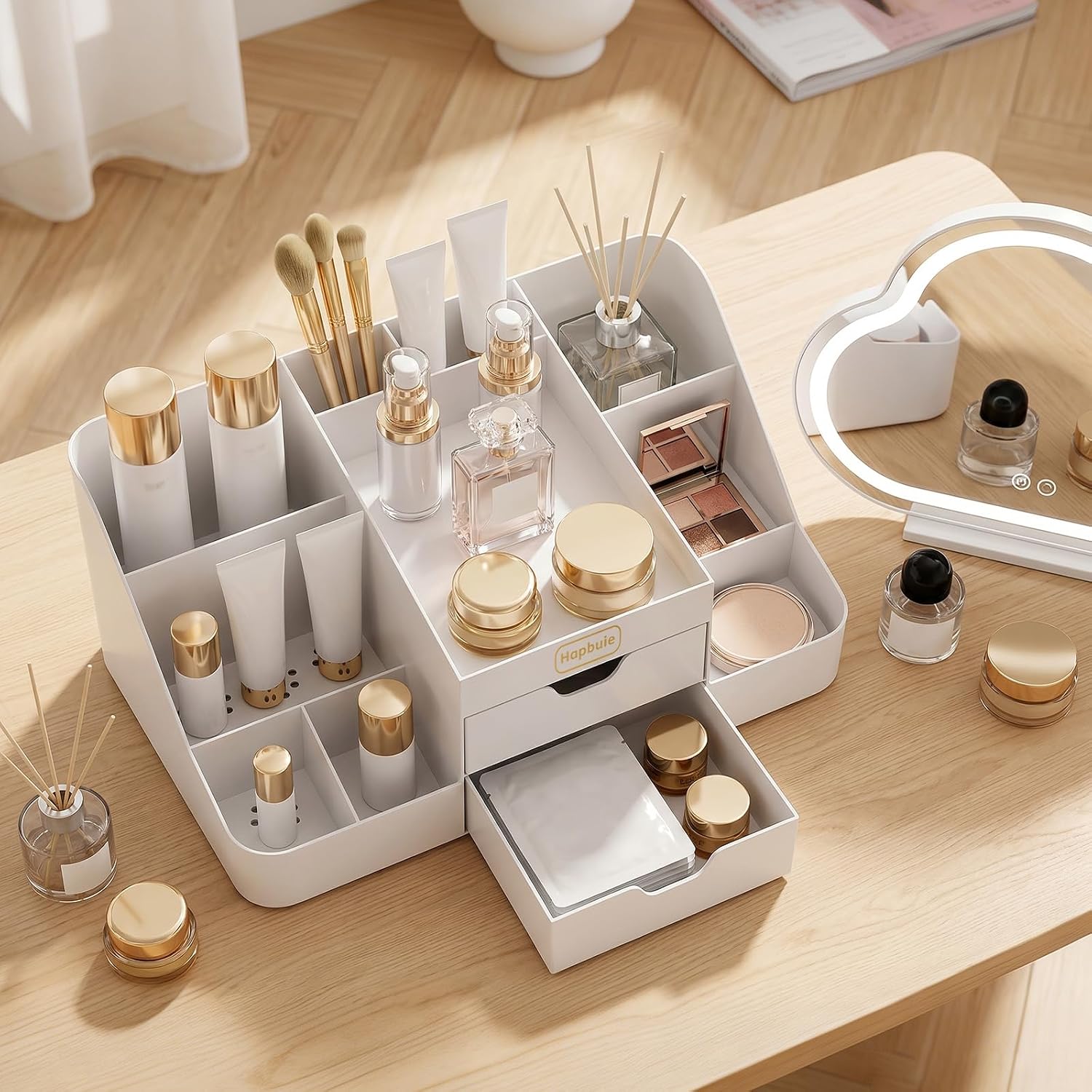 Cologne Organizer for Men, Perfume Stand & Makeup Organizer Countertop, Bathroom Countertop Organizer w/Drawers for Vanity Dresser, Skincare Nail Polish Qtip Holder, White
