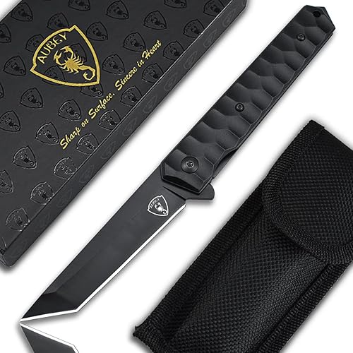 AUBEY Tanto Blade - Cuchillo EDC de acero 440, cuchillo plegable de bolsillo con bloqueo de forro, clip, mango de aluminio y rompedor de vidrio