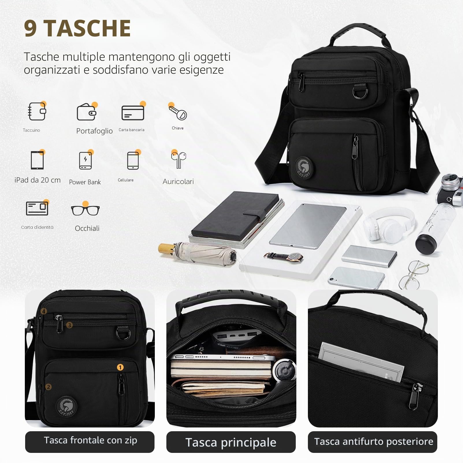 Borsello Uomo Tracolla Piccolo Con Toppa Adesiva, Impermeabile Oxford Borsa Tracolla Borselli Uomo Elegante Marsupio Tracolla Uomo Borsetta Tracolla Uomo Piccola Per Lavoro, Viaggi, Shopping