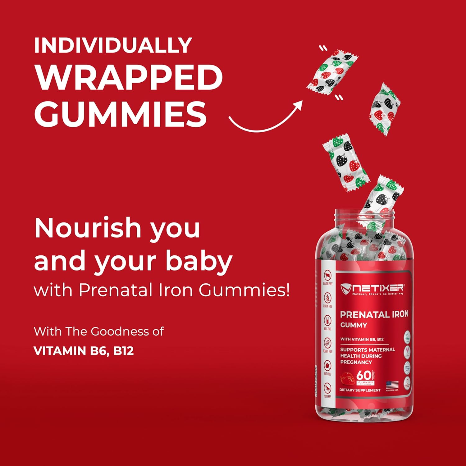 Prenatal Iron Gummies – 60 Vegan Gummies | Iron 30 mg, Folic Acid 400 mcg, Vitamin B6 & B12 | Pregnancy Vitamins for Women | Gelatin-Free, Gluten-Free | Individually Wrapped, Strawberry Flavor - Image 5