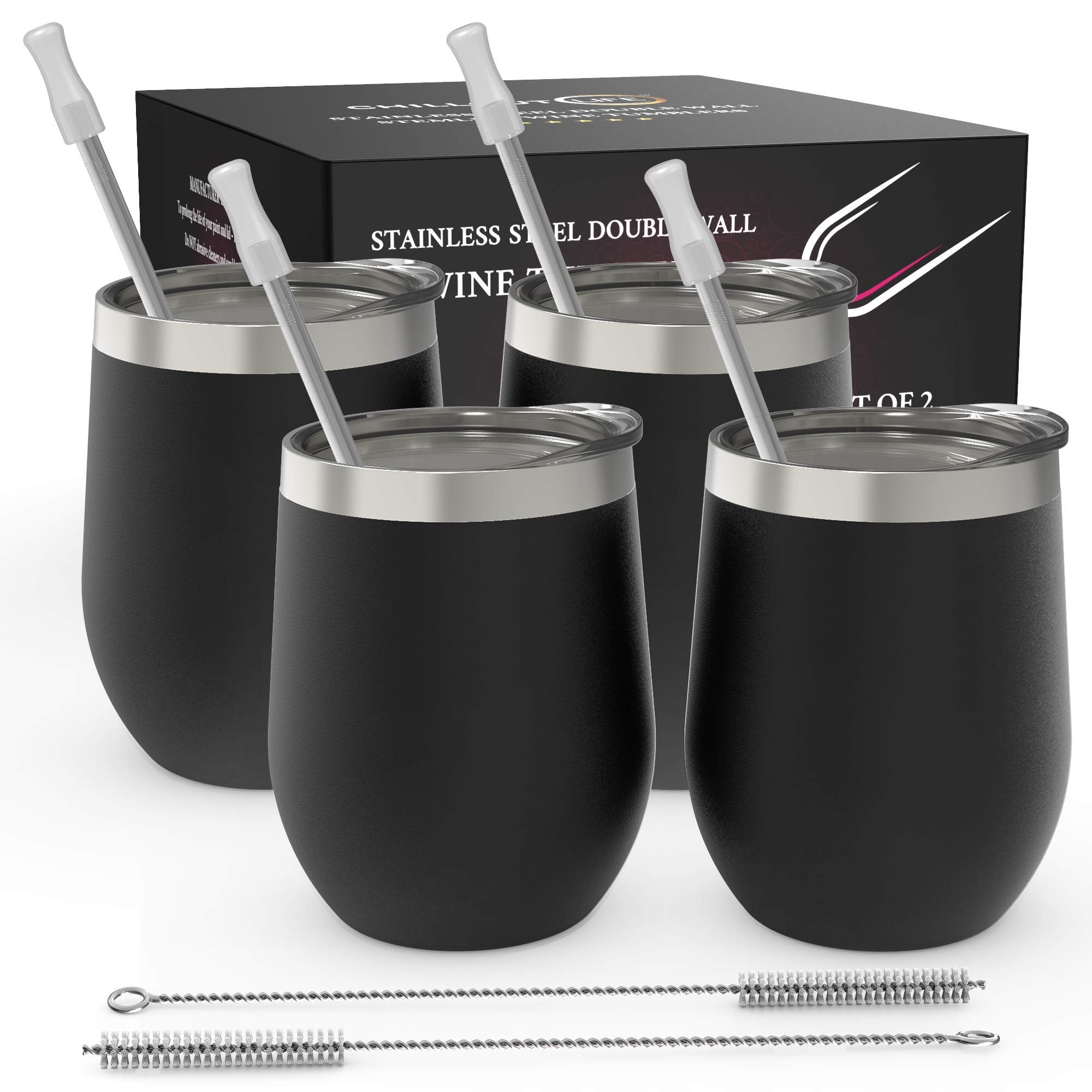 CHILLOUT LIFE Stainless Steel Wine Tumblers 4 Pack 12 oz - Double Wall Vacuum Insulated Wine Cups with Lids and Straws Set for Coffee, Wine, Cocktails - Powder Coated Black — image 1