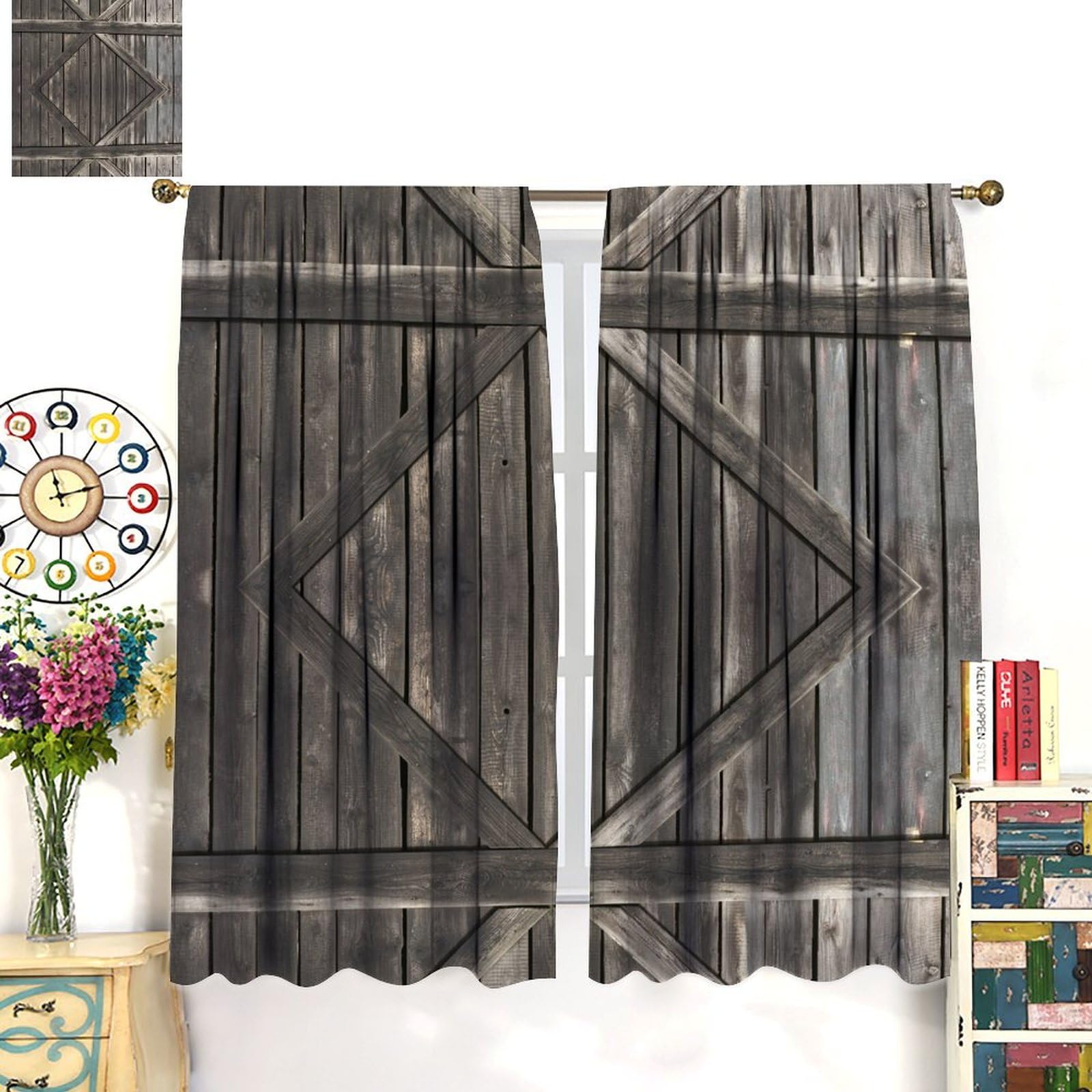Amazon｜ICMOLYYENLO 素朴な納屋のドアカーテン 農家 木製 ガレージ